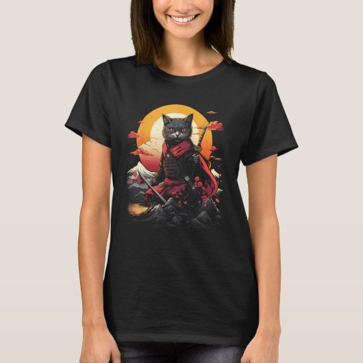 サムライ日本の忍者猫レトロタトゥーグラフィック28 Tシャツ (正面)
