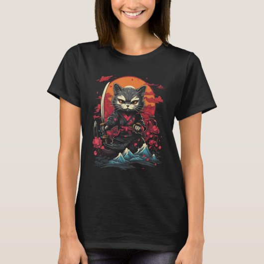 サムライ日本の忍者猫レトロタトゥーグラフィック# Tシャツ (正面)
