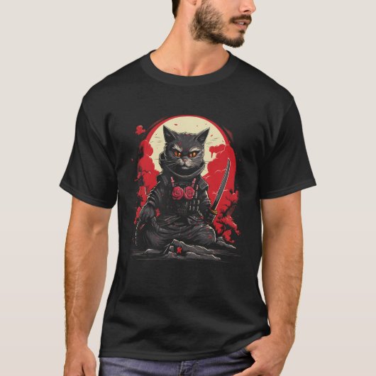 サムライ日本の忍者猫レトロタトゥーグラフィック# Tシャツ (正面)