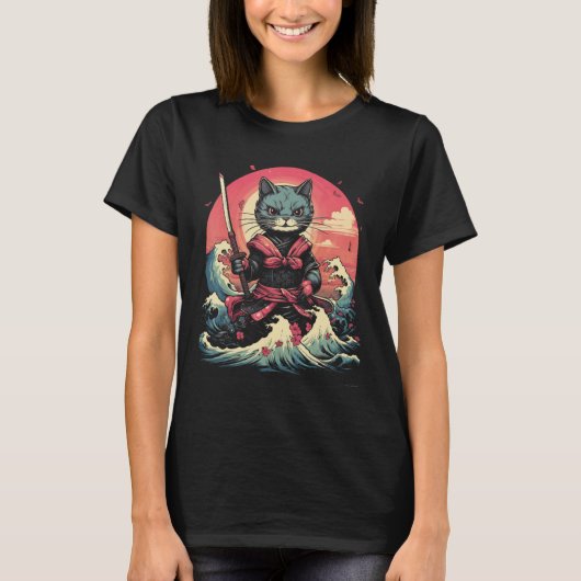 サムライ日本の忍者猫レトロタトゥーグラフィック# Tシャツ (正面)