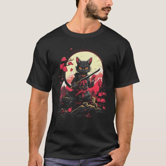 サムライ日本の忍者猫レトロタトゥーグラフィック# Tシャツ (正面)