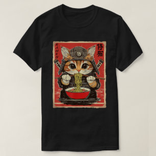サムライ日本の忍者猫食べラーメン Tシャツ