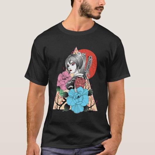 サムライ日本の芸者ヴィンテージ桜さくらんぼブロック Tシャツ (正面)
