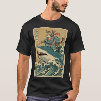 サムライ猫のサメ乗り日本風プルオーバー Tシャツ