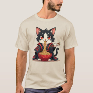 サムライ猫ラーメンTシャツ - かわいいビンテージグラフィックTシャツ Tシャツ