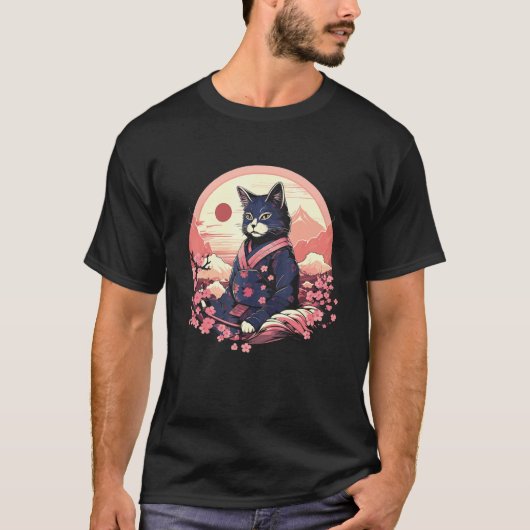 サムライ猫、日本桜の間で瞑想する Tシャツ (正面)