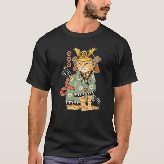 サムライ素晴らし日本のネコ猫男性へ女性キ Tシャツ (正面)