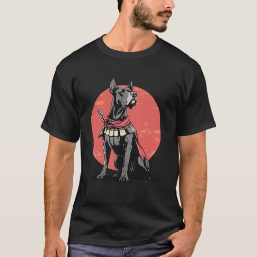 サムライ・グレートデーン・ドッグ 日本の浮世絵スタイルの犬 Tシャツ (正面)