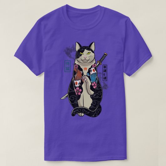 サムライ、サムライキャット招き猫、キャットジャパン Tシャツ (デザイン正面)