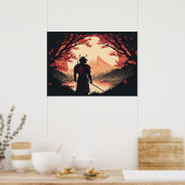 サムライ&富士山 |月とさくらんぼの花あいアート ポスター (キッチン)