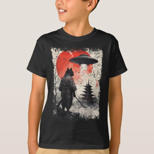 サムライ 忍者 猫 戦士 墨絵 UFO 浮世絵 SF Tシャツ (正面)