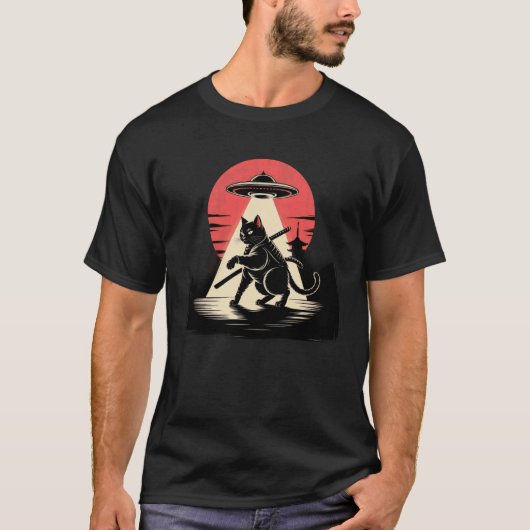 サムライ 忍者 猫 戦士 墨絵 UFO 浮世絵 SF Tシャツ (正面)