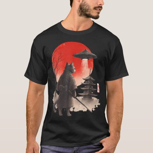 サムライ 忍者 猫 戦士 UFO 日本 アニメ Tシャツ (正面)