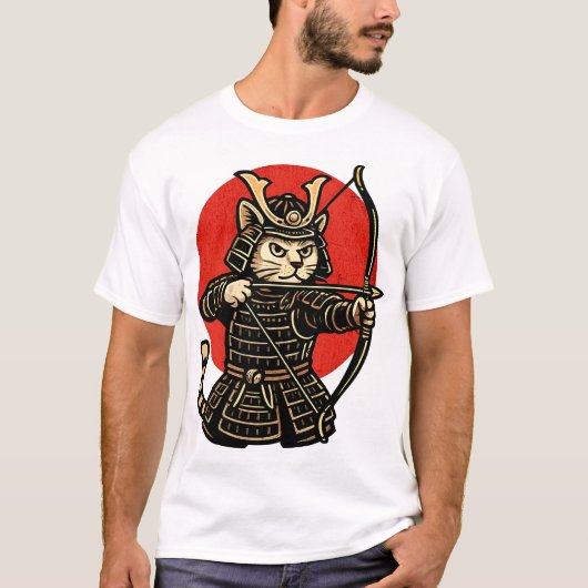 サムライ 猫 アーチャー、和風 戦士 ネコ Tシャツ (正面)