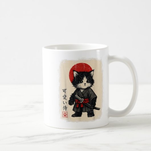 サムライ 猫 和風 レトロ かわいい 笑える ネコ コーヒーマグカップ (右)