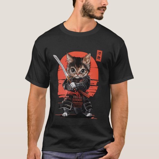 サムライ 猫 子猫 アンティーク 日本 浮世絵 アート Tシャツ (正面)