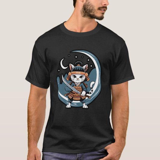 サムライ 猫 戦士 フルムーン アート Tシャツ (正面)
