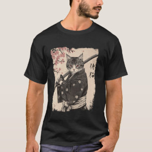 サムライ 猫 戦士 ヴィンテージ 日本 浮世絵 花 Tシャツ