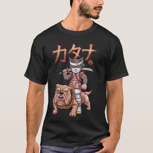 サムライ 猫 犬 日本画 浮世絵 ブルドッグ グラフィック Tシャツ (正面)
