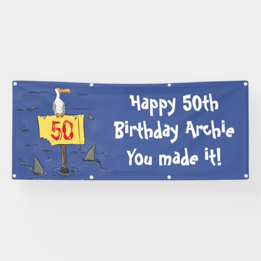 サメおもしろいの旗で囲まれた海鳥 横断幕 (横)