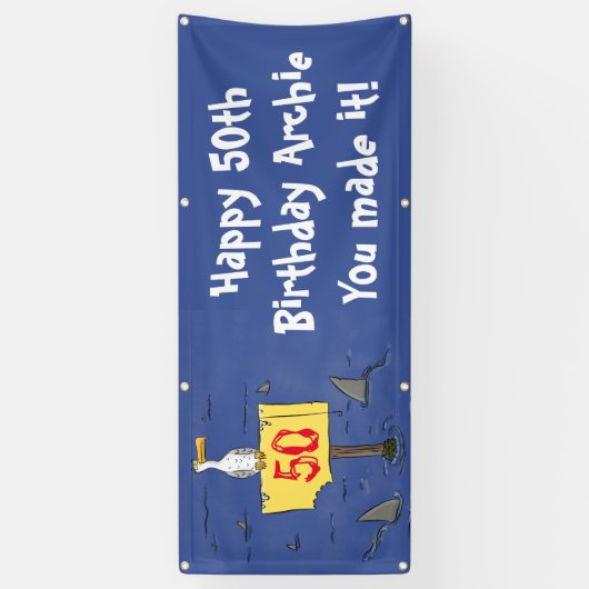 サメおもしろいの旗で囲まれた海鳥 横断幕 (縦)