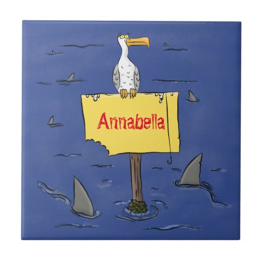 サメおもしろいの漫画で囲まれた海鳥 タイル (正面)