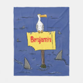 サメおもしろいの漫画で囲まれた海鳥 フリースブランケット (正面)