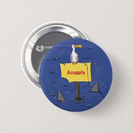 サメおもしろいの漫画で囲まれた海鳥 缶バッジ (正面&裏面)