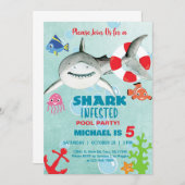 サメが出没した少年プールパーティー誕生日招待状。 招待状 (正面/裏面)