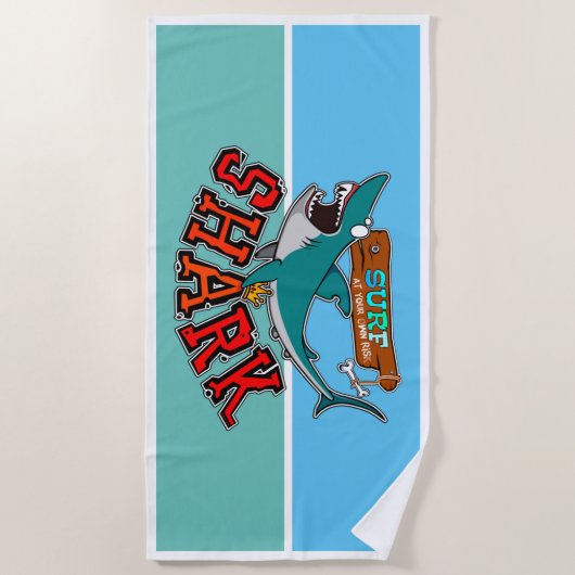 サメでサーフィン ビーチタオル (正面)