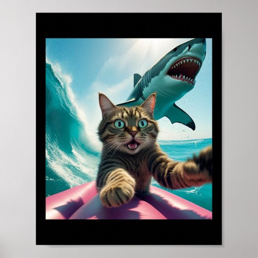 サメと一緒にサーフィンする猫の自撮りが面白いミーム _1 ポスター (正面)