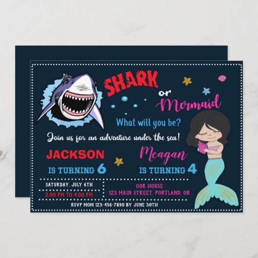サメと人魚の誕生日の招待プールパーティー 招待状 (正面/裏面)