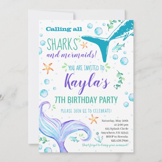 サメと人魚の誕生日パーティー招待状 招待状 (正面)