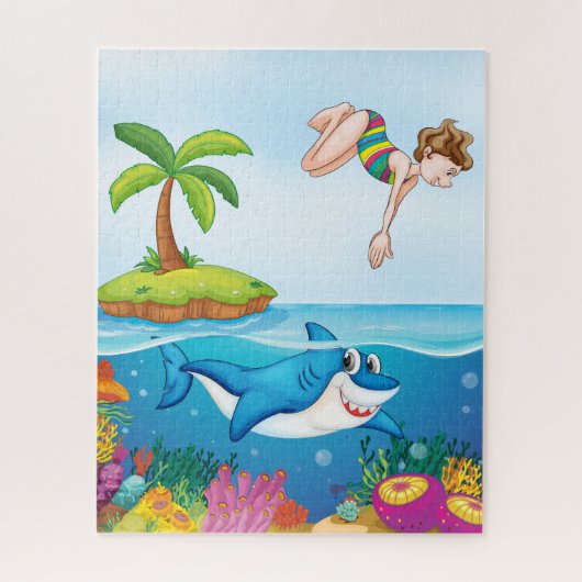 サメと女性ダイバーパズル、16" x 20"、520ピース ジグソーパズル (縦)