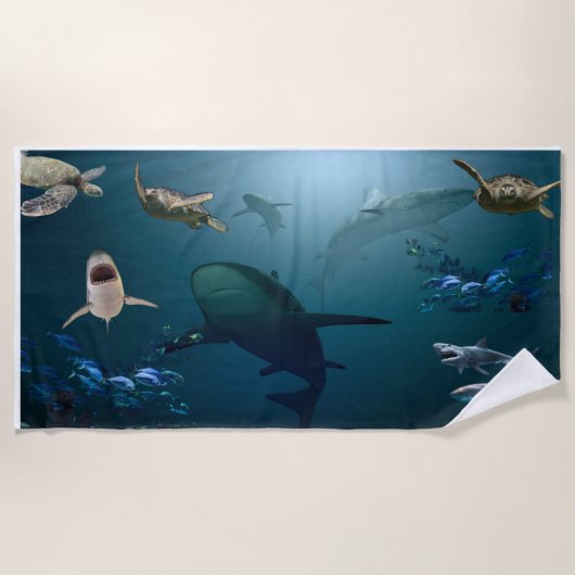 サメと泳ぐ ビーチタオル (正面)