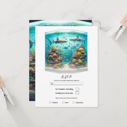 サメと魚のアクアティック水彩アクアリウムRSVP 招待状 (正面/裏面インサイチュ)