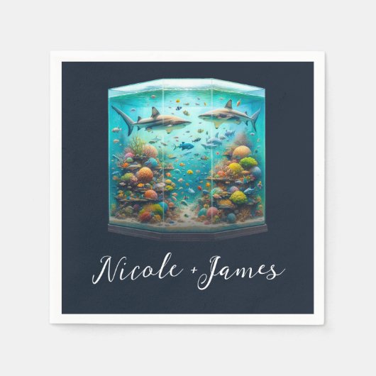 サメと魚の水彩画 アクアリウム ウェディング スタンダードカクテルナプキン (正面)
