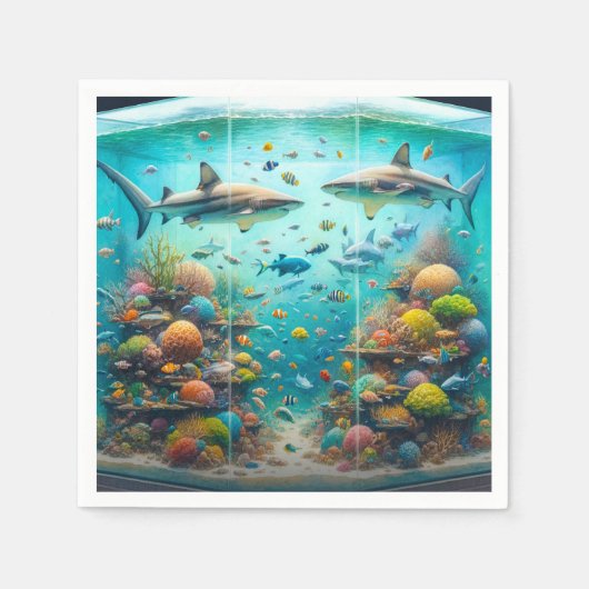 サメと魚の水彩画 アクアリウム ウェディング スタンダードカクテルナプキン (正面)