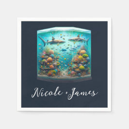 サメと魚水中競技水彩水槽結婚の スタンダードカクテルナプキン