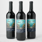 サメと魚水中競技水彩水槽結婚の ワインラベル (ボトル)