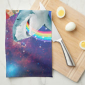 サメに乗るキャットカウボーイが虹を見た キッチンタオル (四つ折り)