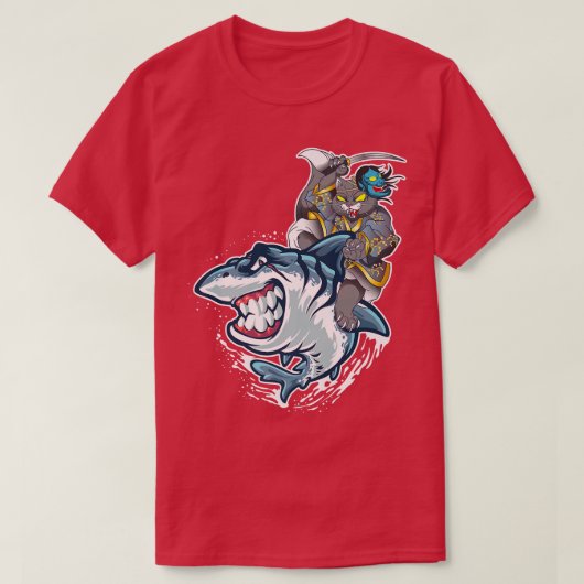 サメに乗るネコ日本の侍 Tシャツ (デザイン正面)