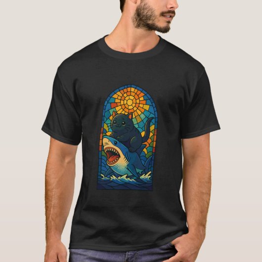サメに乗る黒猫のステンドグラス Tシャツ (正面)