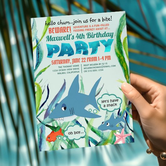 サメに咬まれたサプライズ 海の誕生日パーティー 招待状