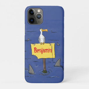 サメに囲まれた面白い海鳥の漫画 iPhone 11 PROケース