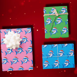 サメのクリスマスサンタ帽子ギフトオーシャン ラッピングペーパーシート