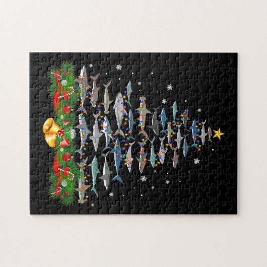 サメのクリスマスツリーサメ愛好家の男性の女性のギフト ジグソーパズル (横)
