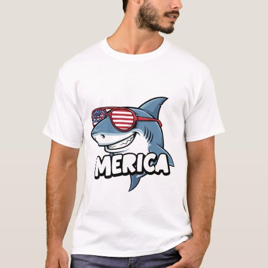 サメのサングラス アメリカ国旗 Funny Tシャツ (正面)