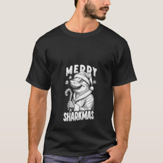 サメのサンタクロースのクリスマス 女性用 おもしろグッズ Tシャツ