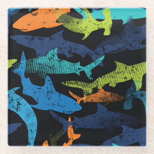 サメのパターンモダン、都市 ガラスコースター (正面)